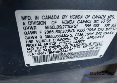 2006 Honda Pilot Ex z USA, uszkodzony, nr VIN 2HKYF18426H544817